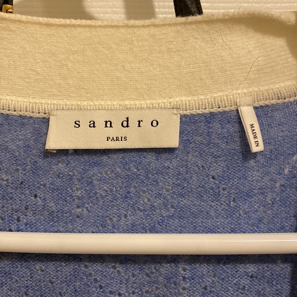 Sandro Cashmere Lucas Pointelle Stitch Light Blue White Cardigan w/Pearl Buttons - Picture 6 of 11